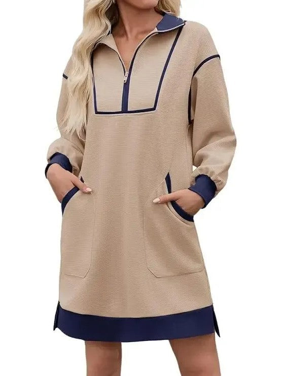 Limited time sale🔥Women's Half Zip Contrast Trim Pocket Dress