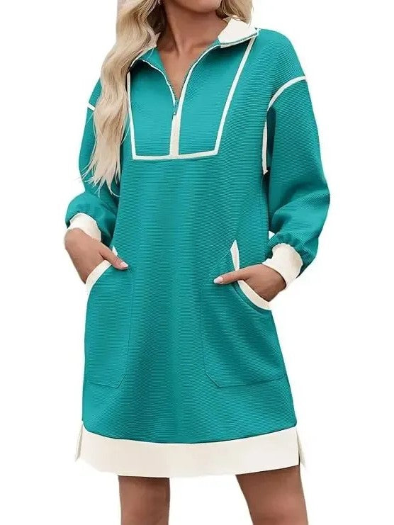 Limited time sale🔥Women's Half Zip Contrast Trim Pocket Dress