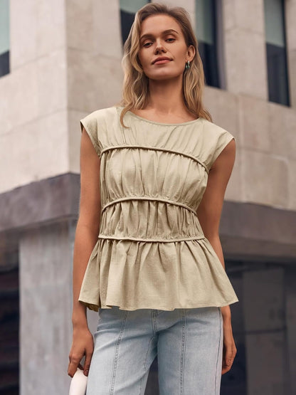 Women Cap Sleeve Smocked Peplum Babydoll Blouse Crew Neck Pleated Casual Top