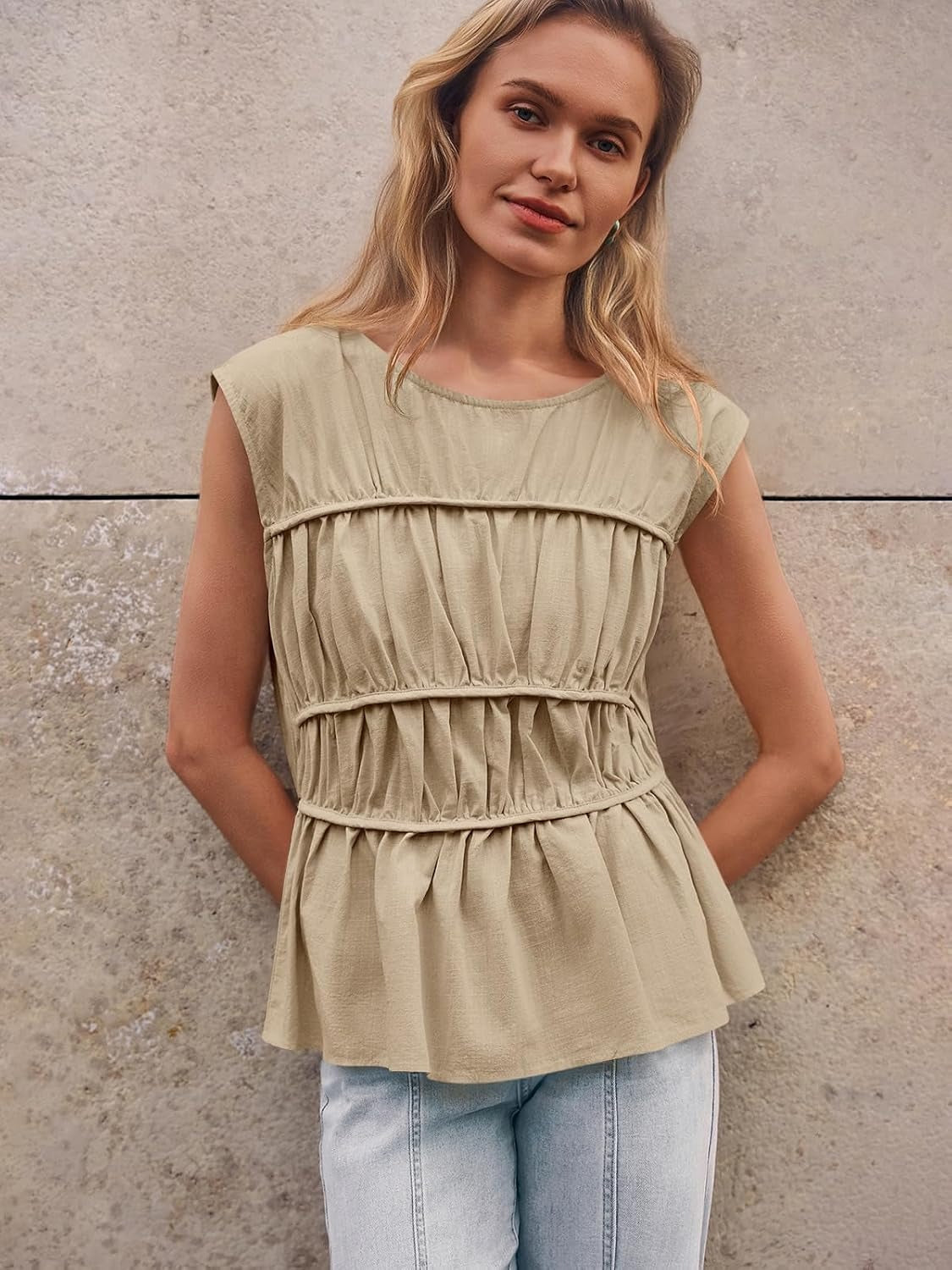 Women Cap Sleeve Smocked Peplum Babydoll Blouse Crew Neck Pleated Casual Top