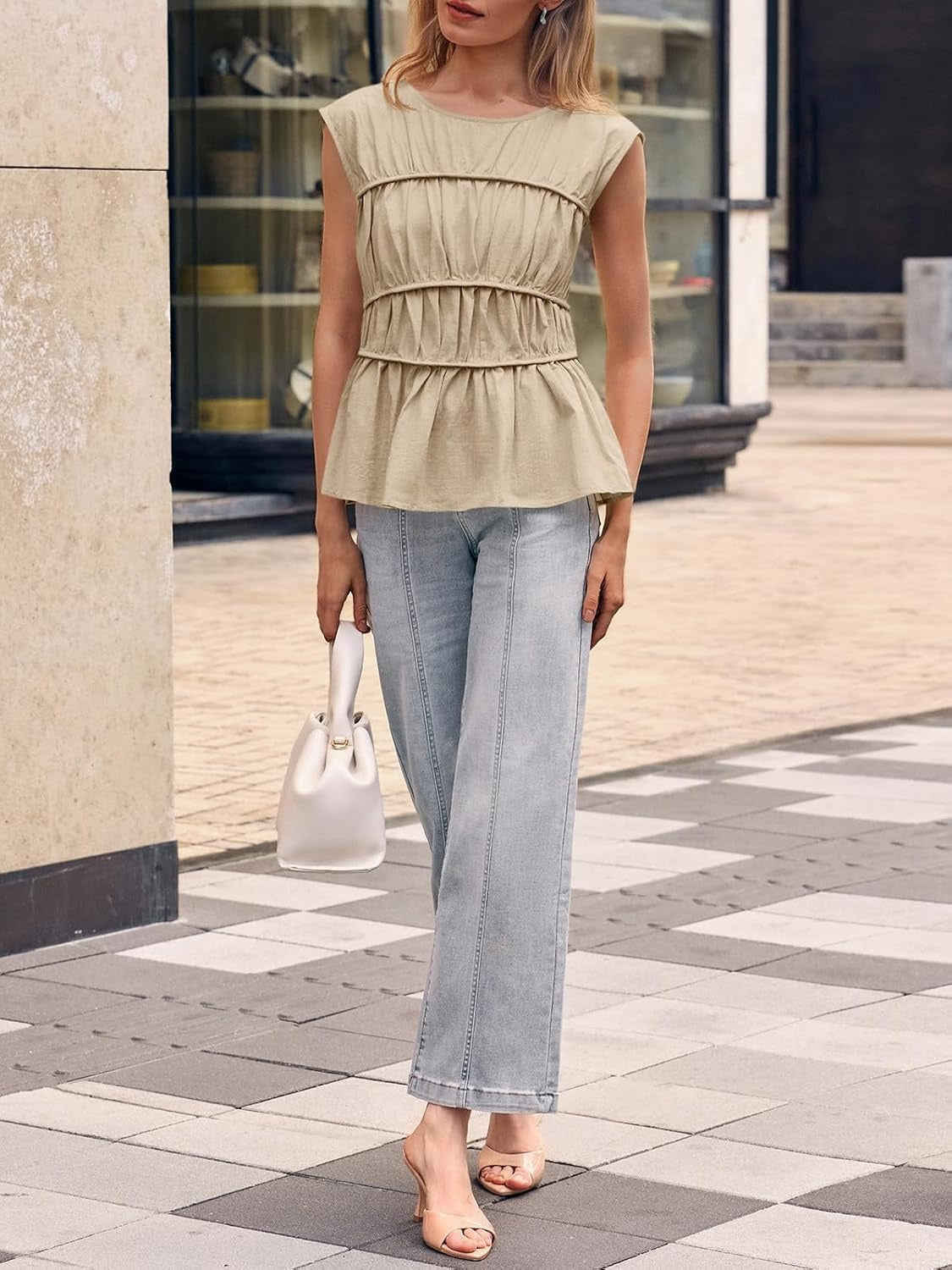 Women Cap Sleeve Smocked Peplum Babydoll Blouse Crew Neck Pleated Casual Top