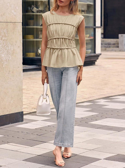 Women Cap Sleeve Smocked Peplum Babydoll Blouse Crew Neck Pleated Casual Top