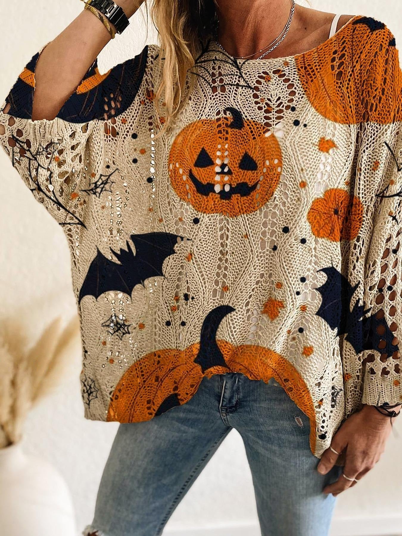 Halloween Pumpkin Bat Hollow out Knit Top