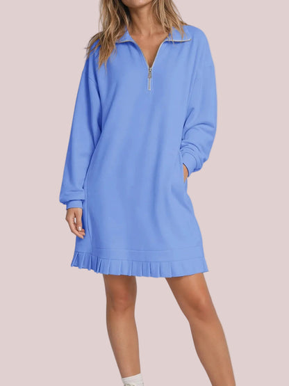 Women's Half Zip Sweatshirt Dress with Pleated Hem