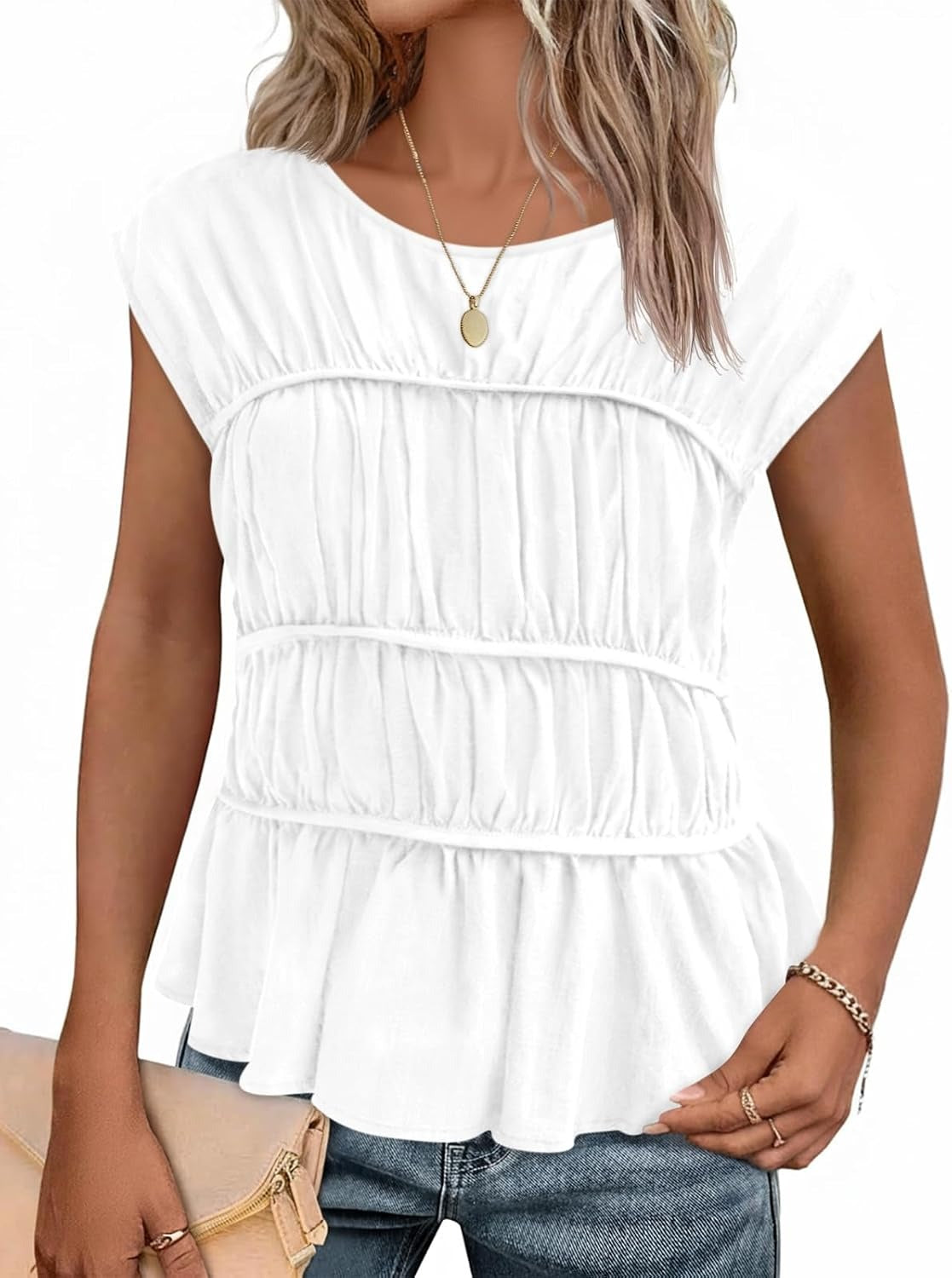 Women Cap Sleeve Smocked Peplum Babydoll Blouse Crew Neck Pleated Casual Top