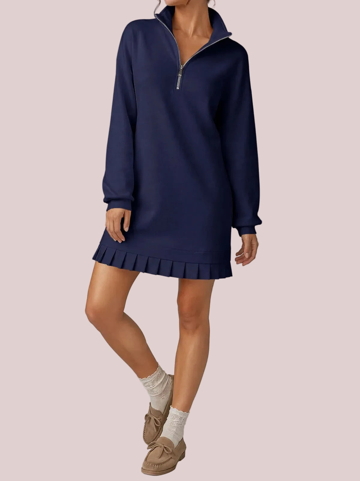 Women's Half Zip Sweatshirt Dress with Pleated Hem
