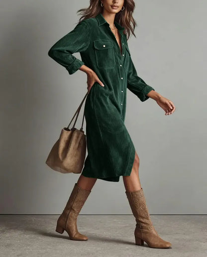 ⏰Hot Sale-Women’s Fall Lapel Corduroy Button Down Shirt Dress