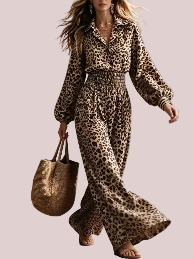 Women's Leopard Print Long Sleeve Jumpsuit
