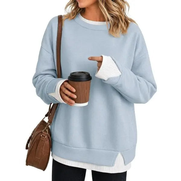 Women's Fake Two Piece Layered Sweatshirt Patchwork Oversized Pullover Top