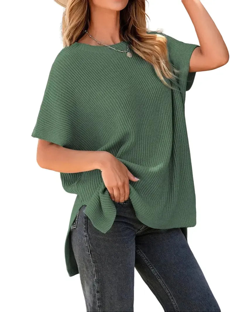 Women's Round Neck Side Slit Oversized Knit Top