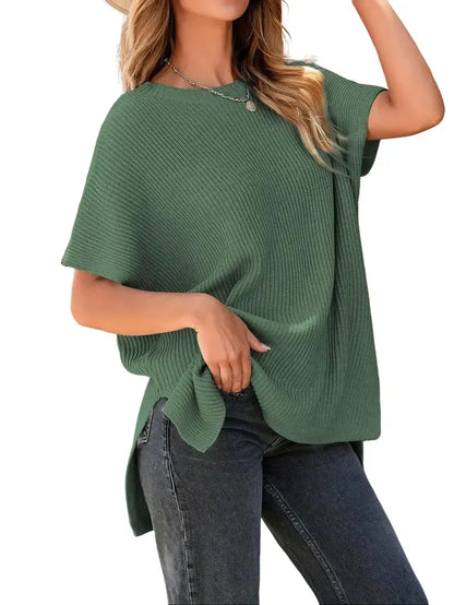 Women's Round Neck Side Slit Oversized Knit Top