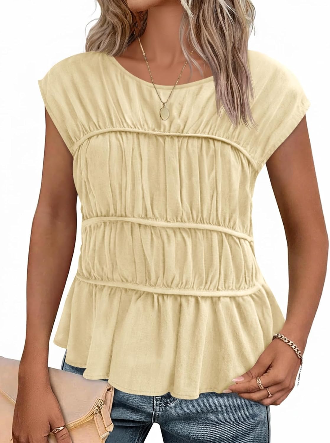 Women Cap Sleeve Smocked Peplum Babydoll Blouse Crew Neck Pleated Casual Top