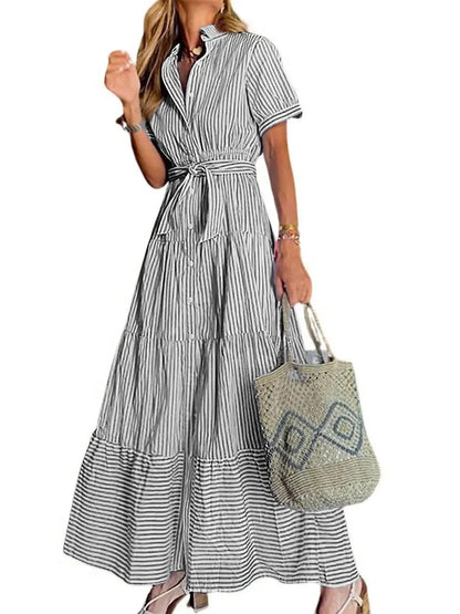Women's Short Sleeve Striped Tie Waist Maxi Dress