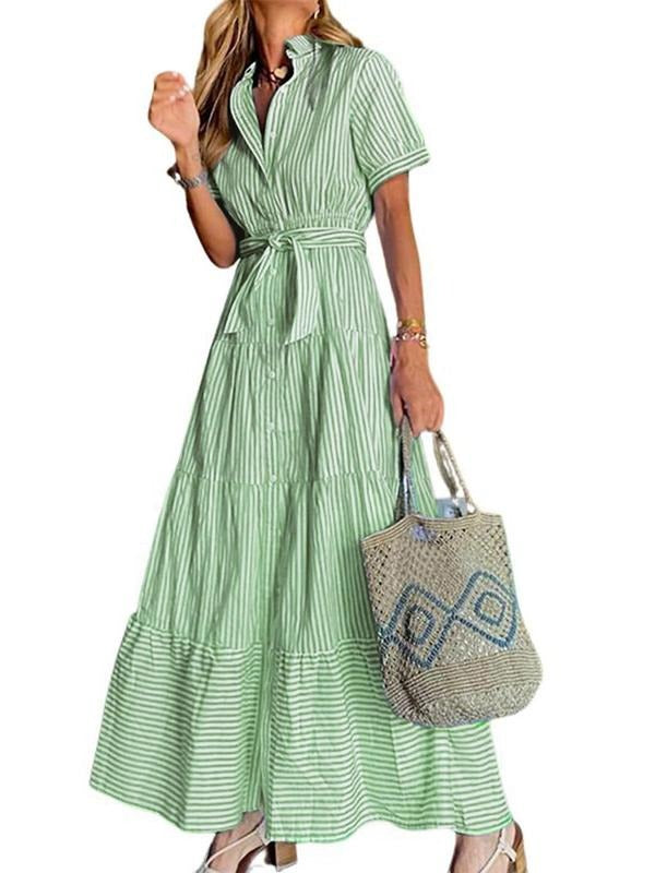 Women's Short Sleeve Striped Tie Waist Maxi Dress