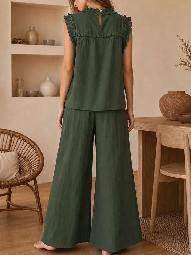 Women's Ruffle Sleeveless Top Wide Leg Pants Two Piece Set