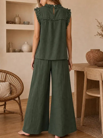 Women's Ruffle Sleeveless Top Wide Leg Pants Two Piece Set