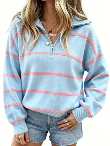Women's Casual Oversized Zip¸Mԏront Striped Top