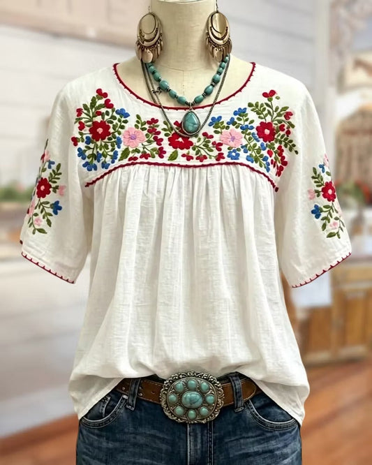 Floral Embroidered Loose Gathered Scoop Neck Short Sleeve Blouse