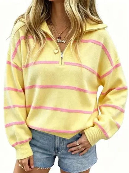 Women's Casual Oversized Zip¸Mԏront Striped Top