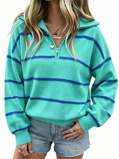 Women's Casual Oversized Zip¸Mԏront Striped Top