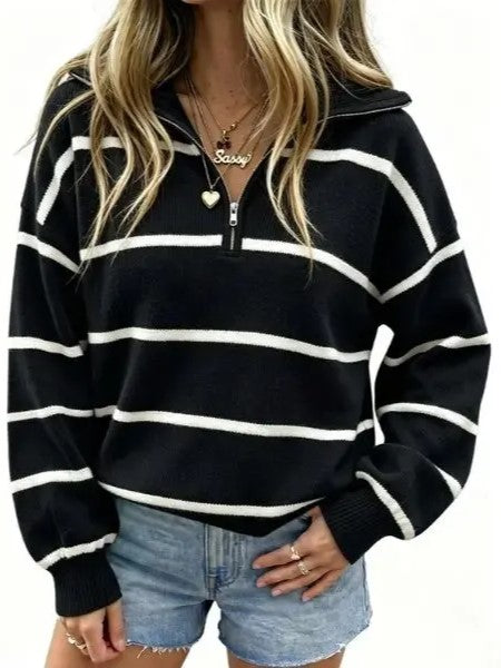 Women's Casual Oversized Zip¸Mԏront Striped Top