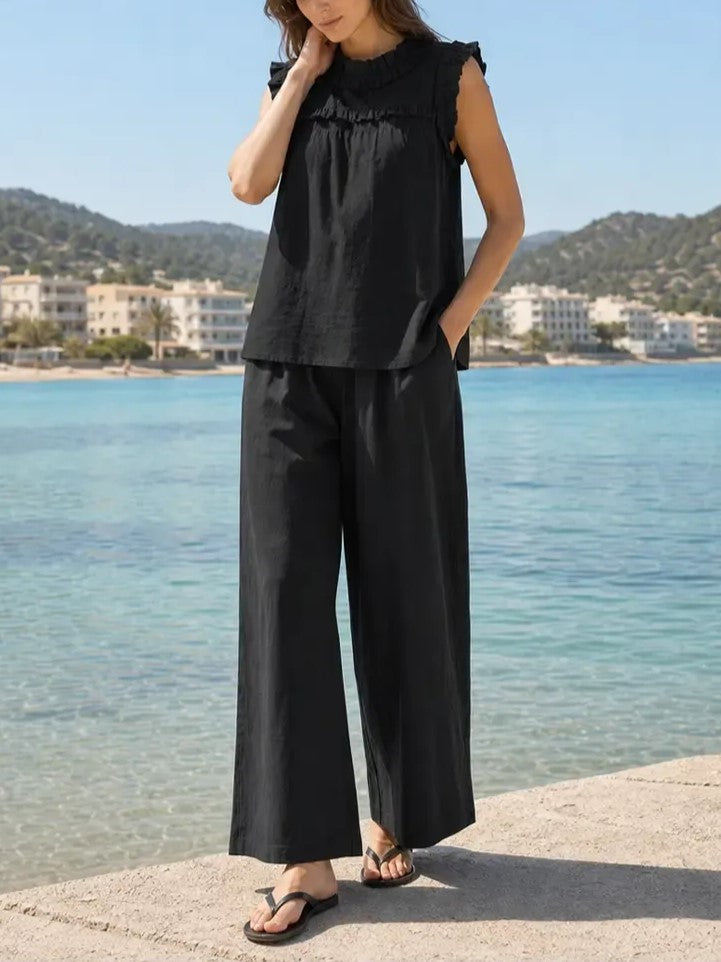 Women's Ruffle Sleeveless Top Wide Leg Pants Two Piece Set