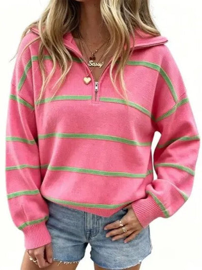 Women's Casual Oversized Zip¸Mԏront Striped Top