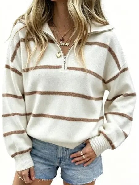 Women's Casual Oversized Zip¸Mԏront Striped Top
