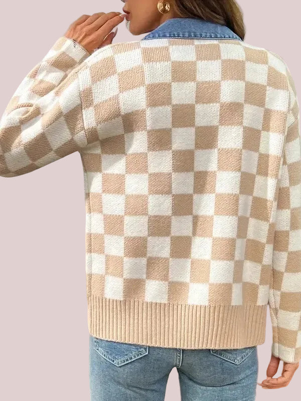 Women's Denim Collar Checkered Knit Jacket