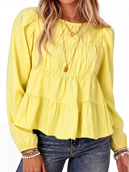 Women's Puff Long Sleeve Pleated Peplum Babydoll Blouse