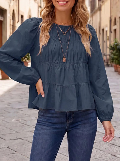 Women's Puff Long Sleeve Pleated Peplum Babydoll Blouse