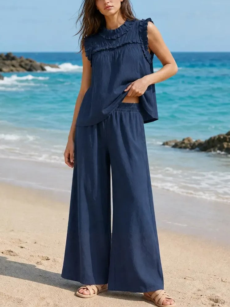 Women's Ruffle Sleeveless Top Wide Leg Pants Two Piece Set