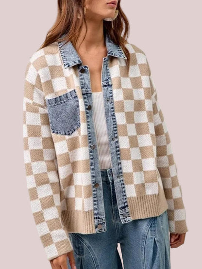 Women's Denim Collar Checkered Knit Jacket