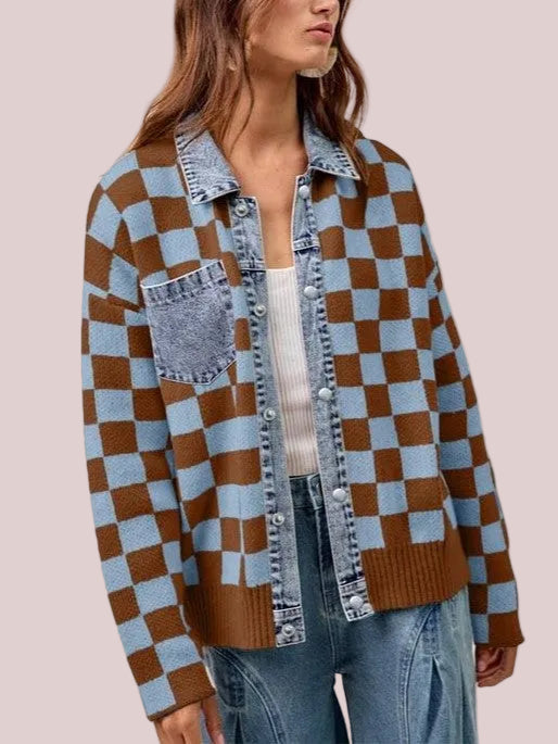 Women's Denim Collar Checkered Knit Jacket