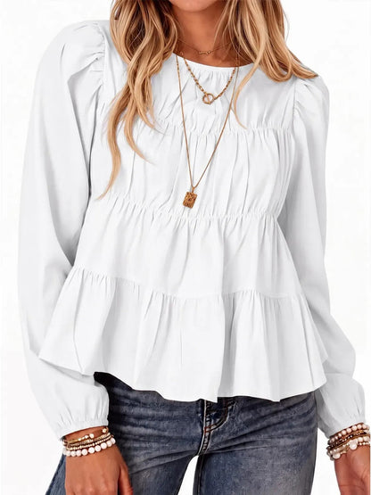 Women's Puff Long Sleeve Pleated Peplum Babydoll Blouse