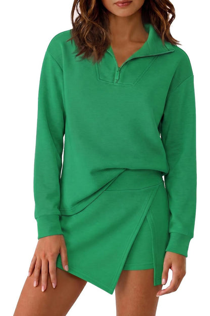 Hot Sale-Women's Half Zip Long?Sleeve Top & Wrap Skort 2 Piece Casual Set