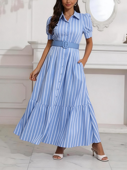 Women's Striped Puff Sleeve Belted Maxi Dress