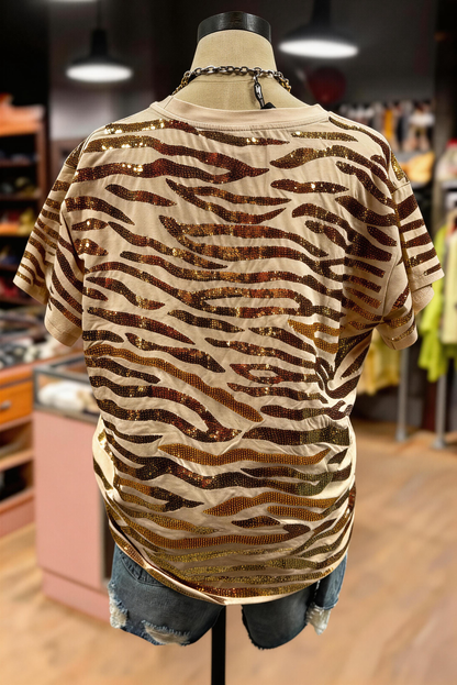 Sequin Tiger Pattern Short Sleeve Top