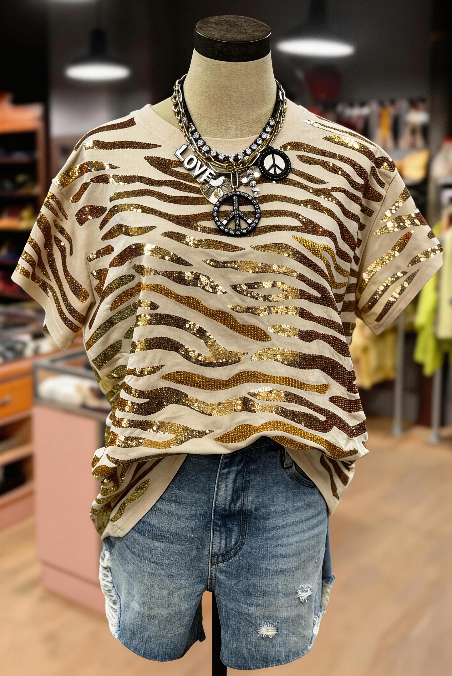 Sequin Tiger Pattern Short Sleeve Top