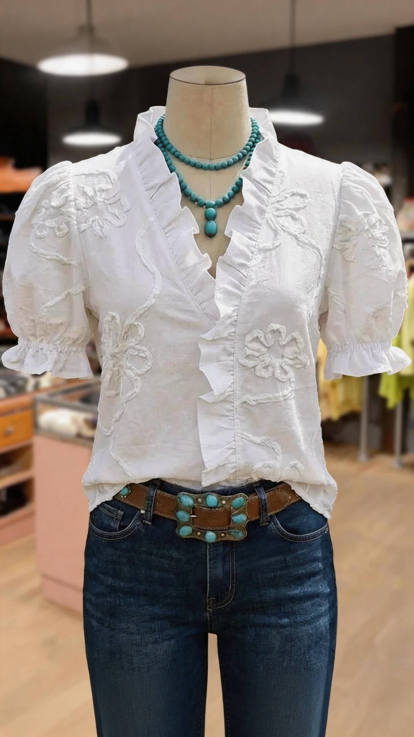 Flower Embroidered Ruffle Neck Puff Sleeve Cotton Top