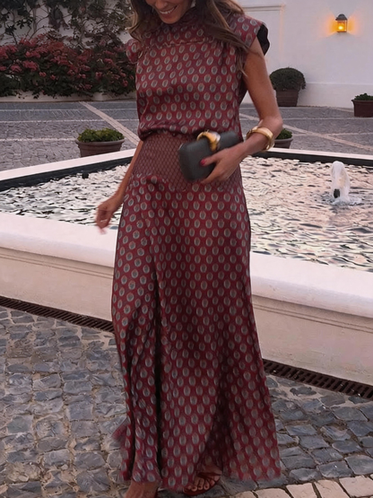 Satin Art Print High-Neck Tie-Waist Short-Sleeve Top and High-Waisted Long Skirt Set