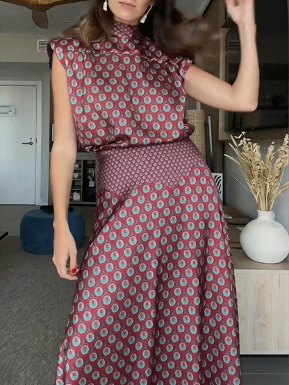 Satin Art Print High-Neck Tie-Waist Short-Sleeve Top and High-Waisted Long Skirt Set