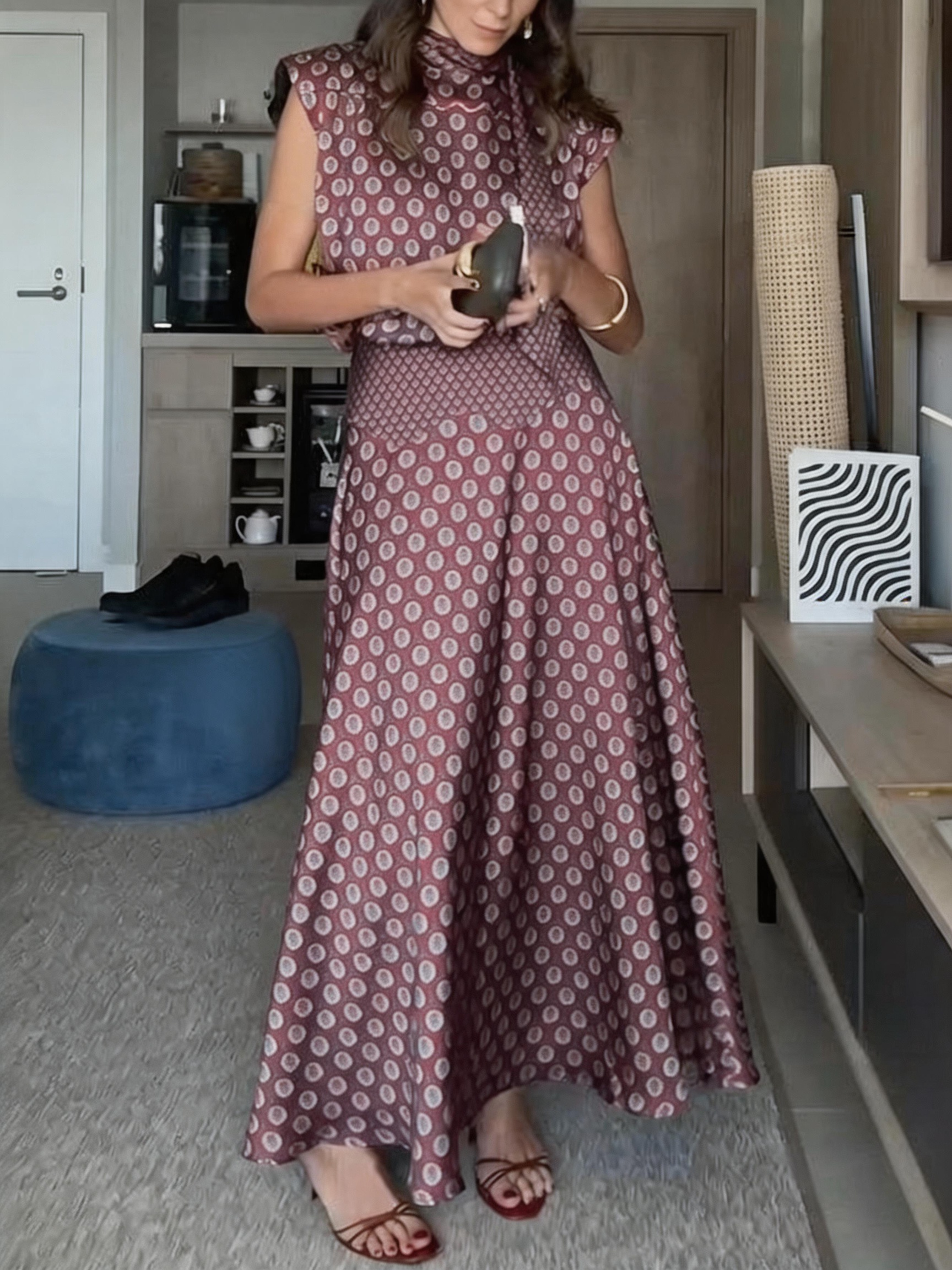 Satin Art Print High-Neck Tie-Waist Short-Sleeve Top and High-Waisted Long Skirt Set