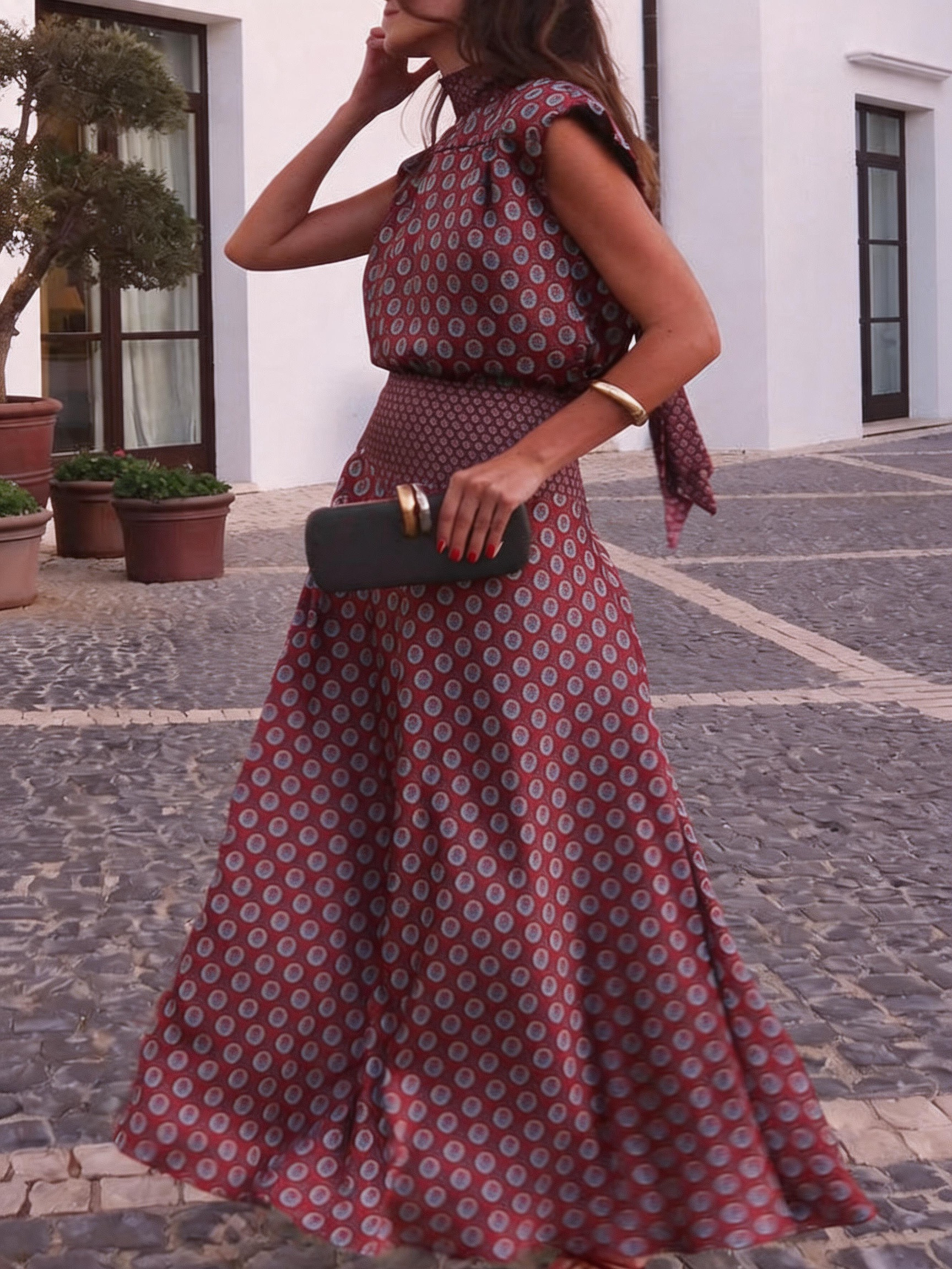 Satin Art Print High-Neck Tie-Waist Short-Sleeve Top and High-Waisted Long Skirt Set