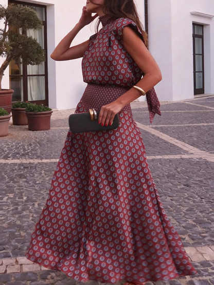 Satin Art Print High-Neck Tie-Waist Short-Sleeve Top and High-Waisted Long Skirt Set
