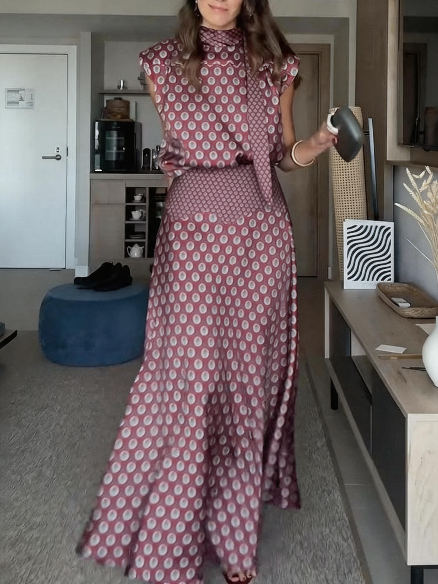 Satin Art Print High-Neck Tie-Waist Short-Sleeve Top and High-Waisted Long Skirt Set