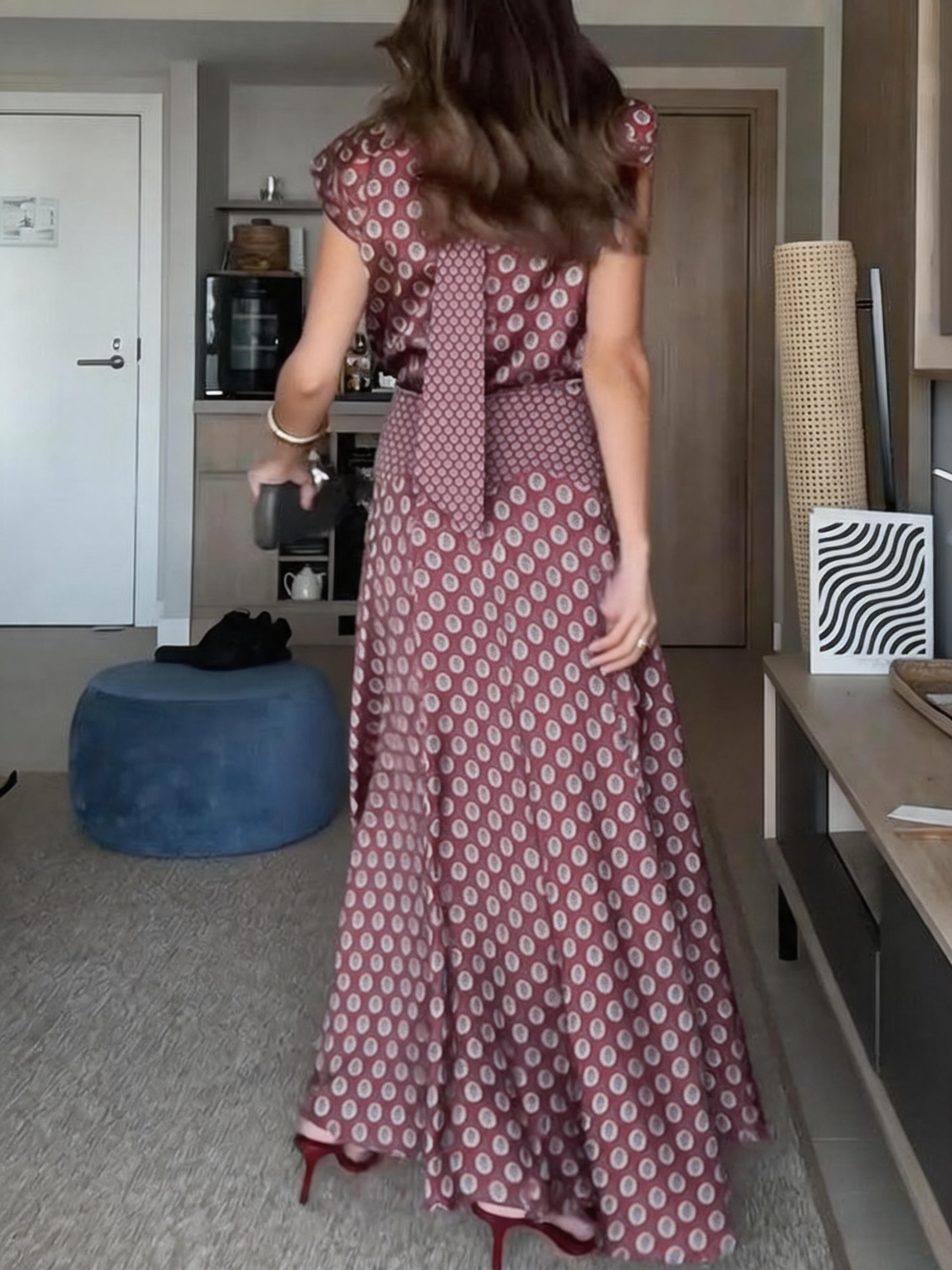 Satin Art Print High-Neck Tie-Waist Short-Sleeve Top and High-Waisted Long Skirt Set