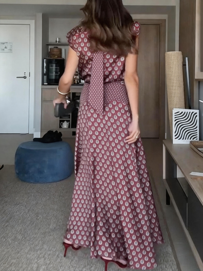 Satin Art Print High-Neck Tie-Waist Short-Sleeve Top and High-Waisted Long Skirt Set