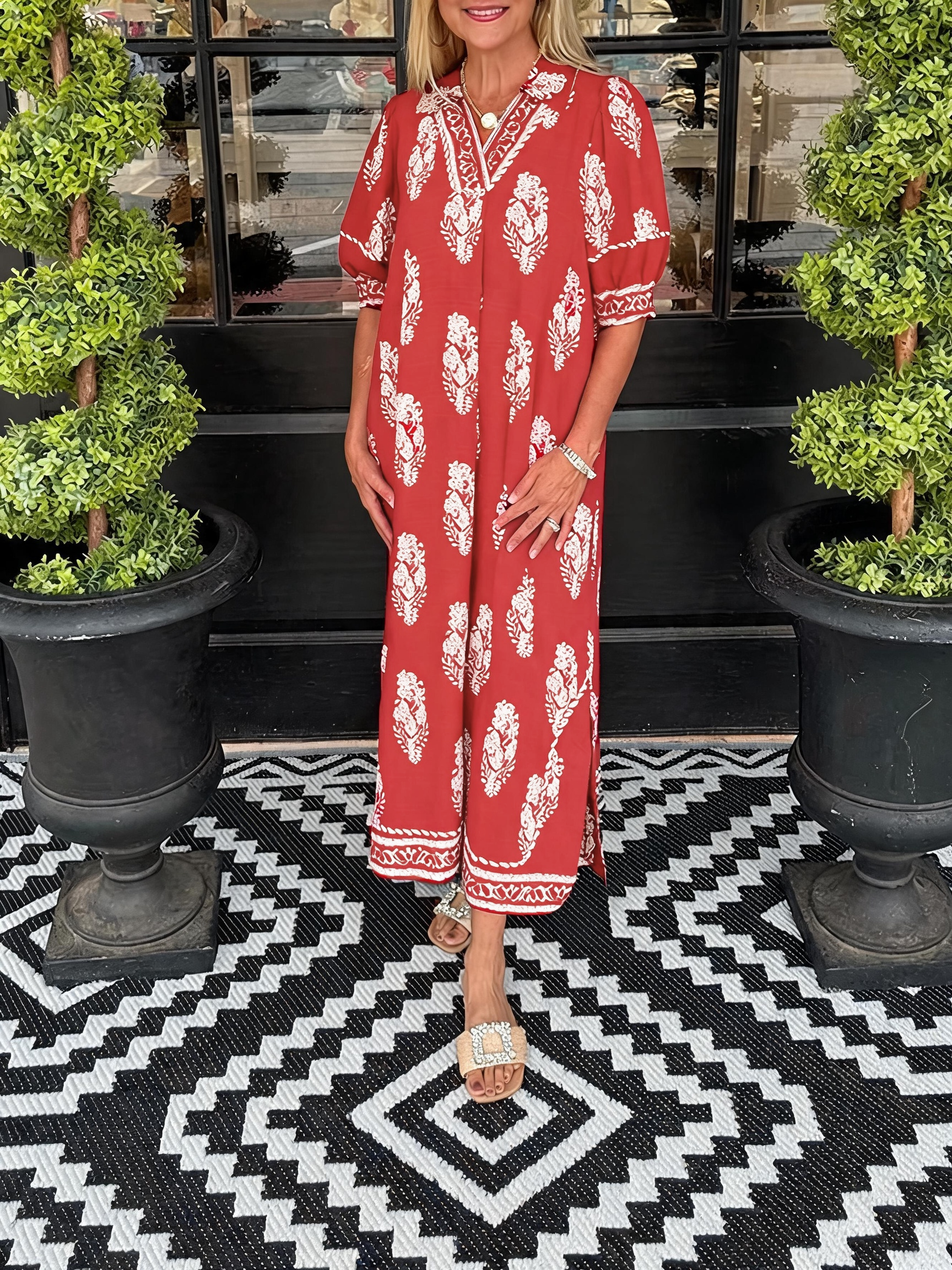 Print Puff Short Sleeve V Neck Split Side Maxi Dress