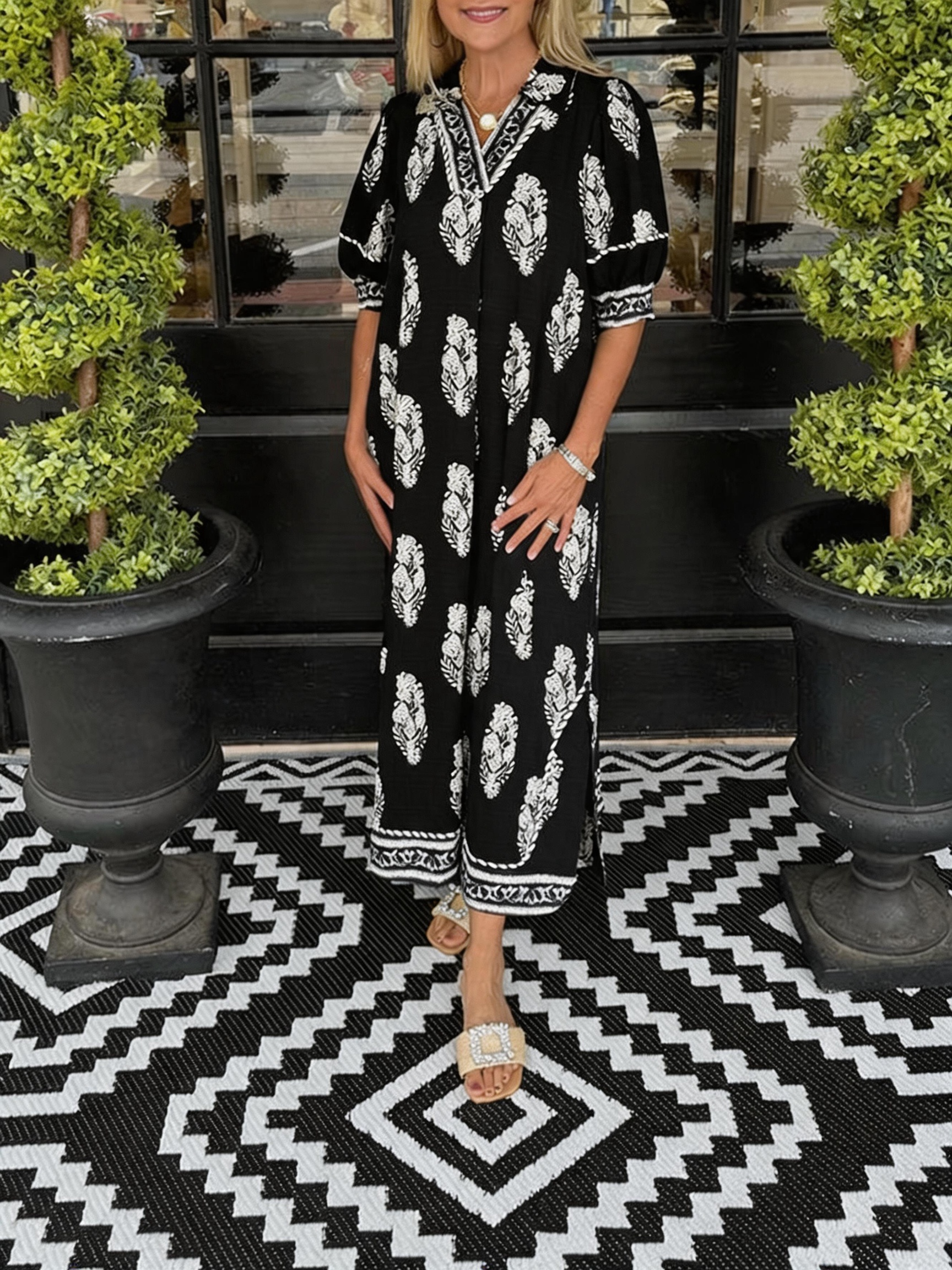 Print Puff Short Sleeve V Neck Split Side Maxi Dress